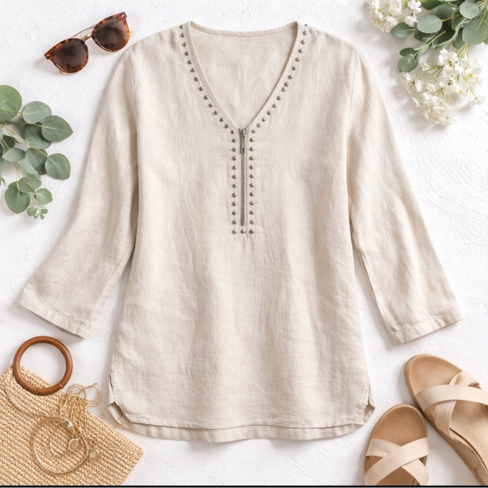 Michael Kors Women Oatmeal Linen Tunic Top V Neck Silver Studs Zippers Small